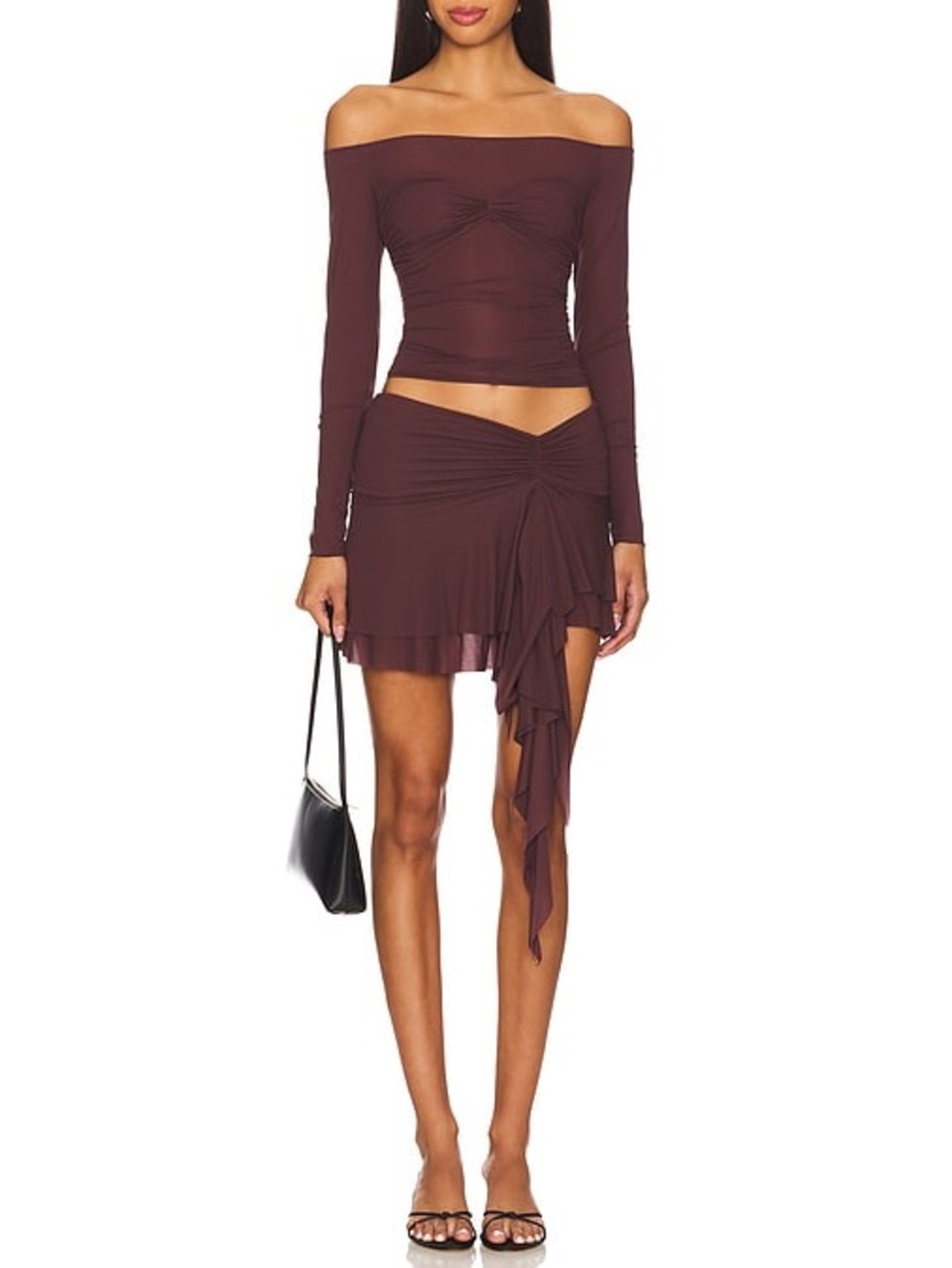 INDAH Coco Pinch Top Off-Shoulder Cacau Brown Ruched Sheer Transparent Sz 1 = SM